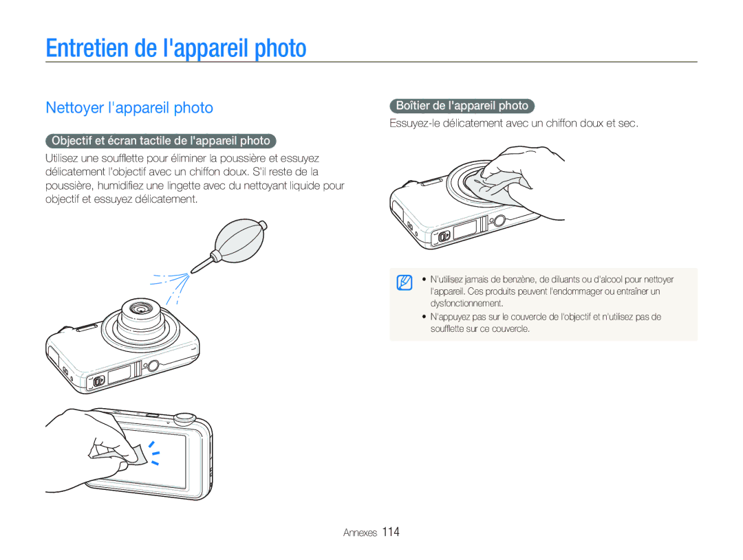 Samsung EC-ST80ZZBPWE1, EC-ST80ZZBPBE1 Entretien de lappareil photo, Nettoyer lappareil photo, Boîtier de lappareil photo 