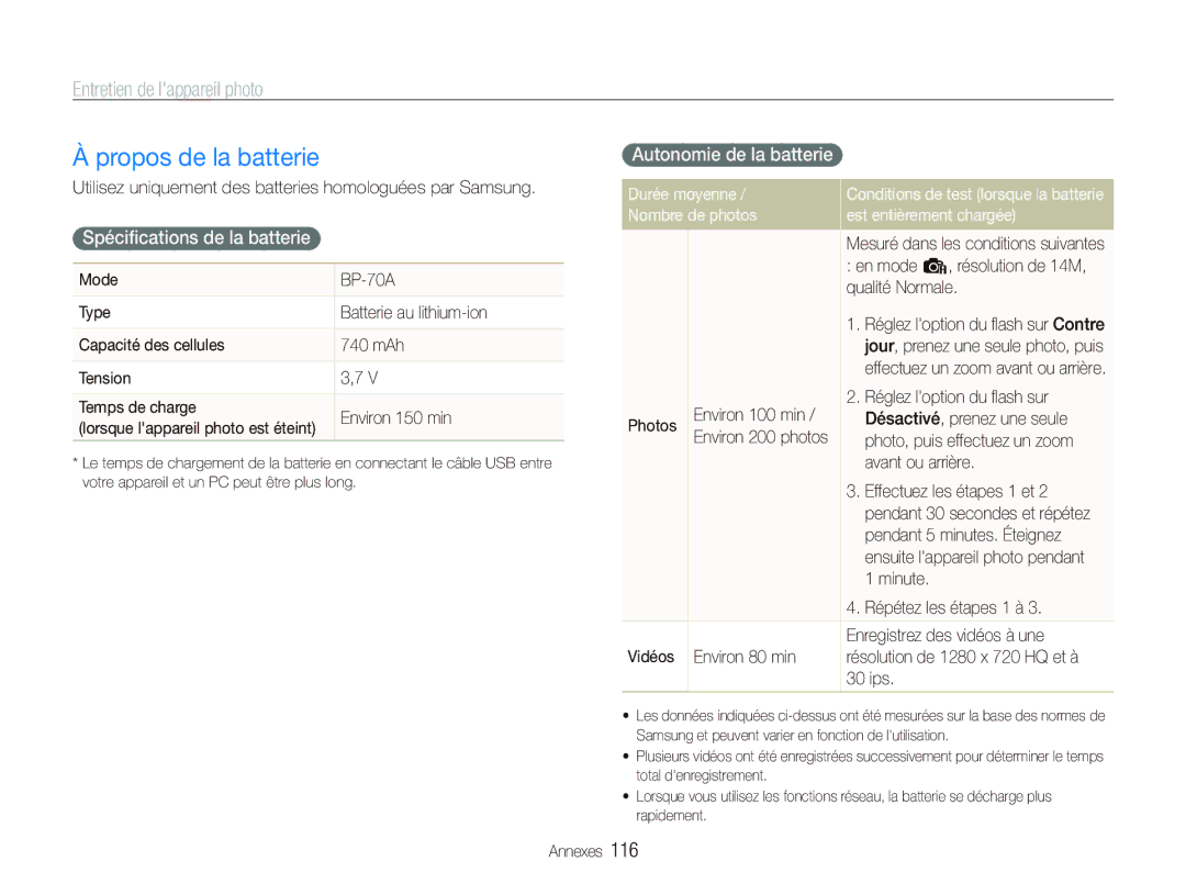 Samsung EC-ST80ZZBPBE1 manual Propos de la batterie, Spéciﬁcations de la batterie, Autonomie de la batterie, Durée moyenne 
