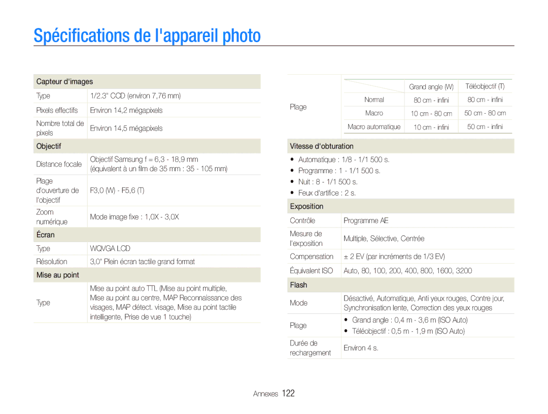 Samsung EC-ST80ZZBPBE1, EC-ST80ZZBPWE1, EC-ST80ZZBPUE1 manual Spéciﬁcations de lappareil photo 