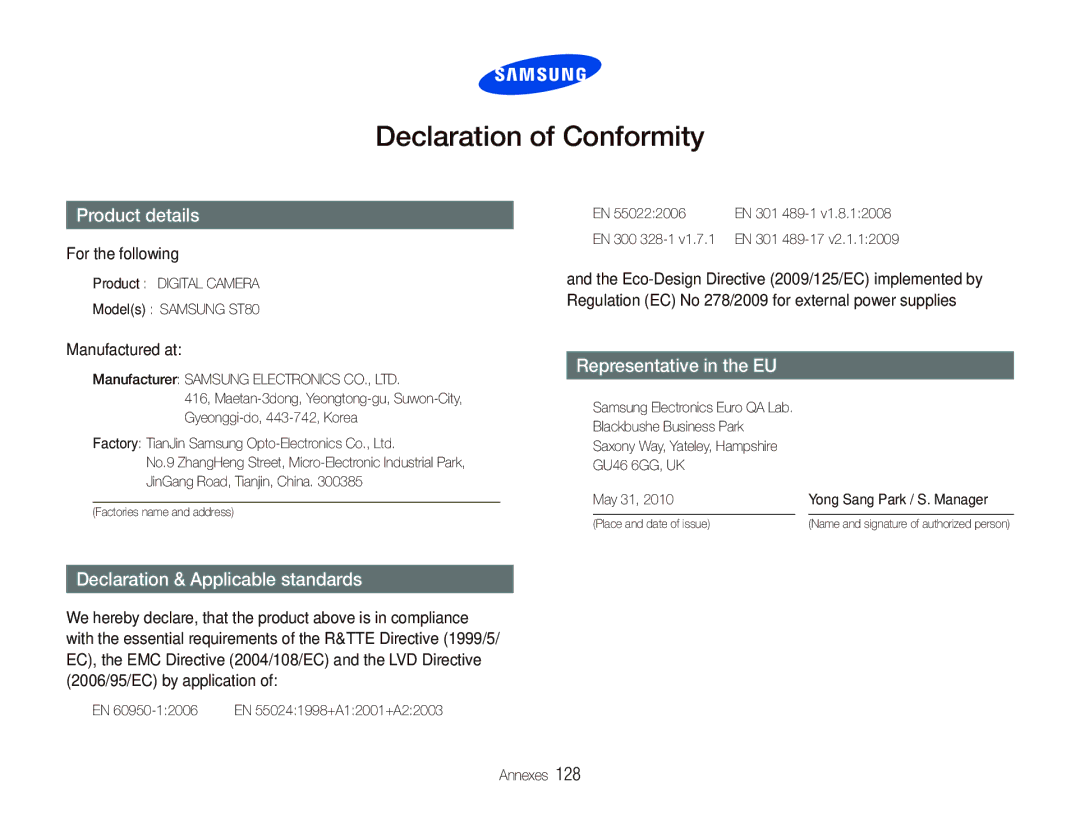 Samsung EC-ST80ZZBPBE1, EC-ST80ZZBPWE1, EC-ST80ZZBPUE1 manual For the following, Manufactured at 