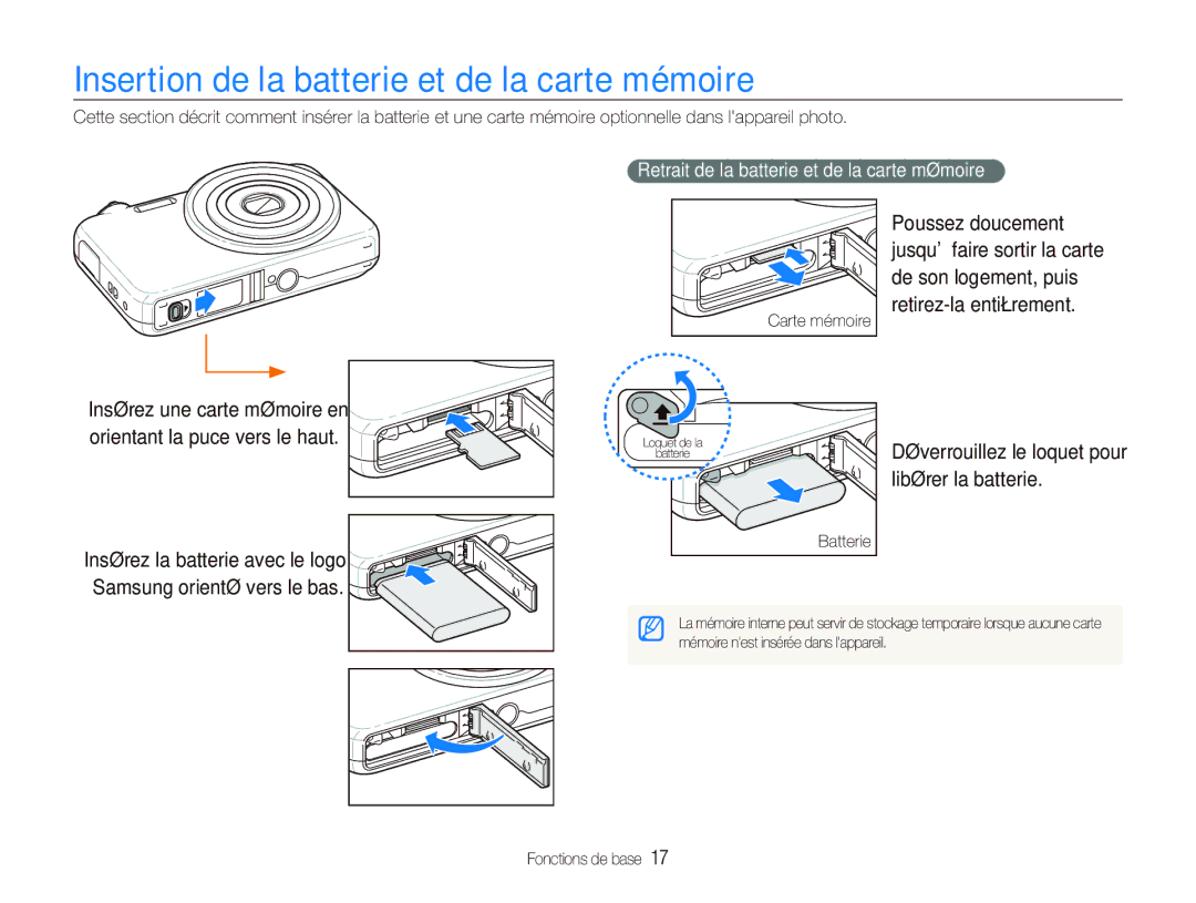 Samsung EC-ST80ZZBPBE1 Insertion de la batterie et de la carte mémoire, Libérer la batterie, Déverrouillez le loquet pour 