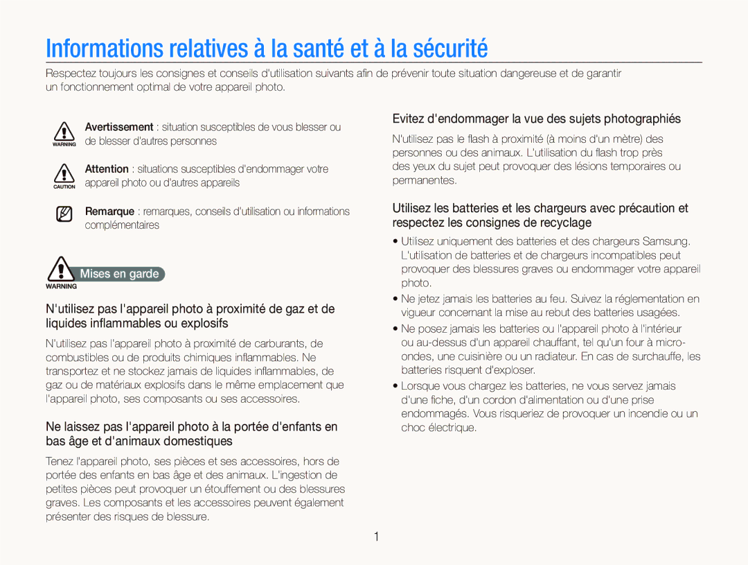 Samsung EC-ST80ZZBPUE1, EC-ST80ZZBPBE1, EC-ST80ZZBPWE1 Informations relatives à la santé et à la sécurité, Mises en garde 