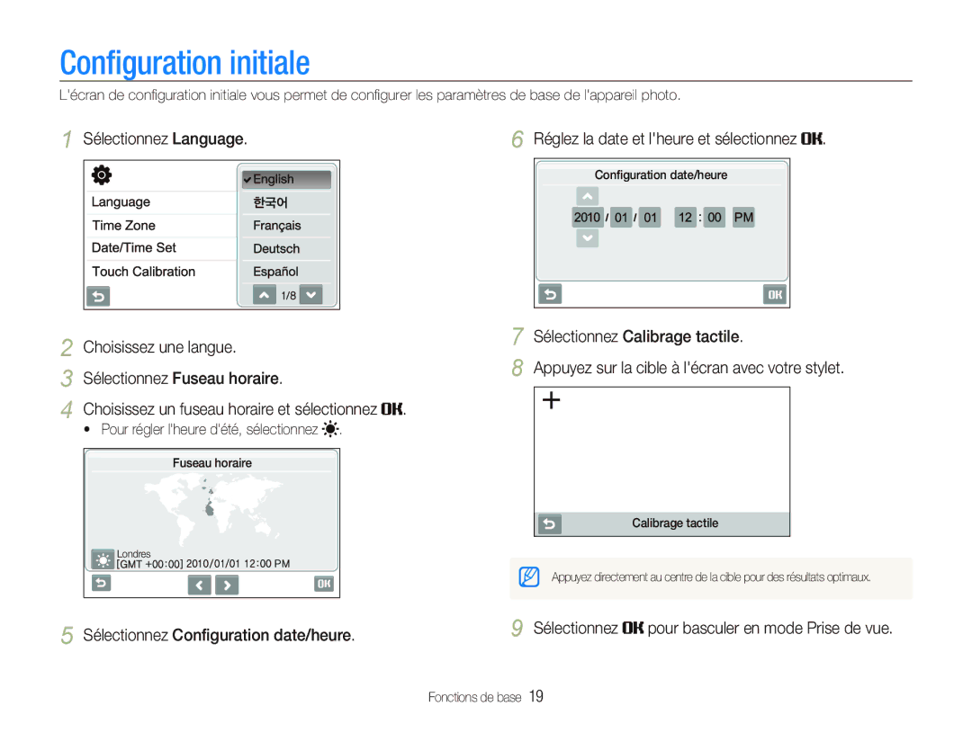 Samsung EC-ST80ZZBPUE1 manual Conﬁguration initiale, Sélectionnez Language, Réglez la date et lheure et sélectionnez 
