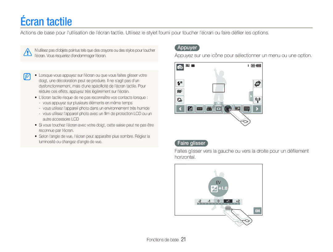 Samsung EC-ST80ZZBPWE1, EC-ST80ZZBPBE1, EC-ST80ZZBPUE1 manual Écran tactile, Appuyer, Faire glisser 