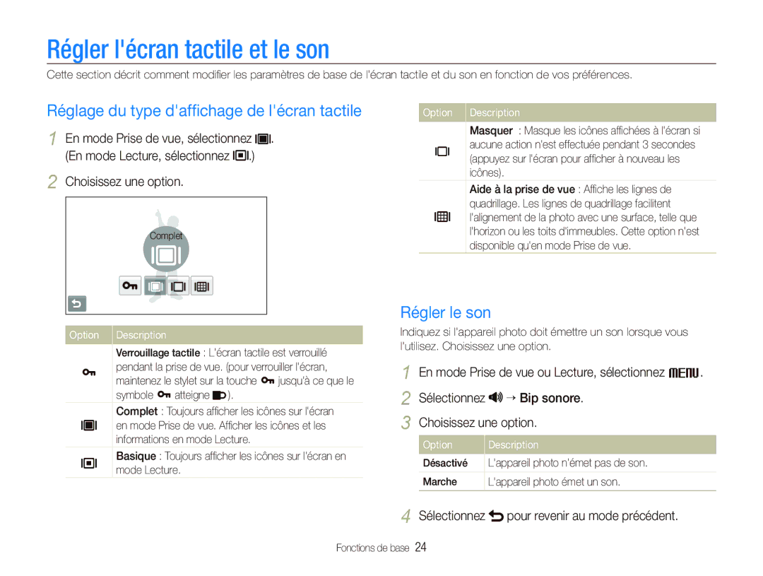 Samsung EC-ST80ZZBPWE1 manual Régler lécran tactile et le son, Réglage du type dafﬁchage de lécran tactile, Régler le son 