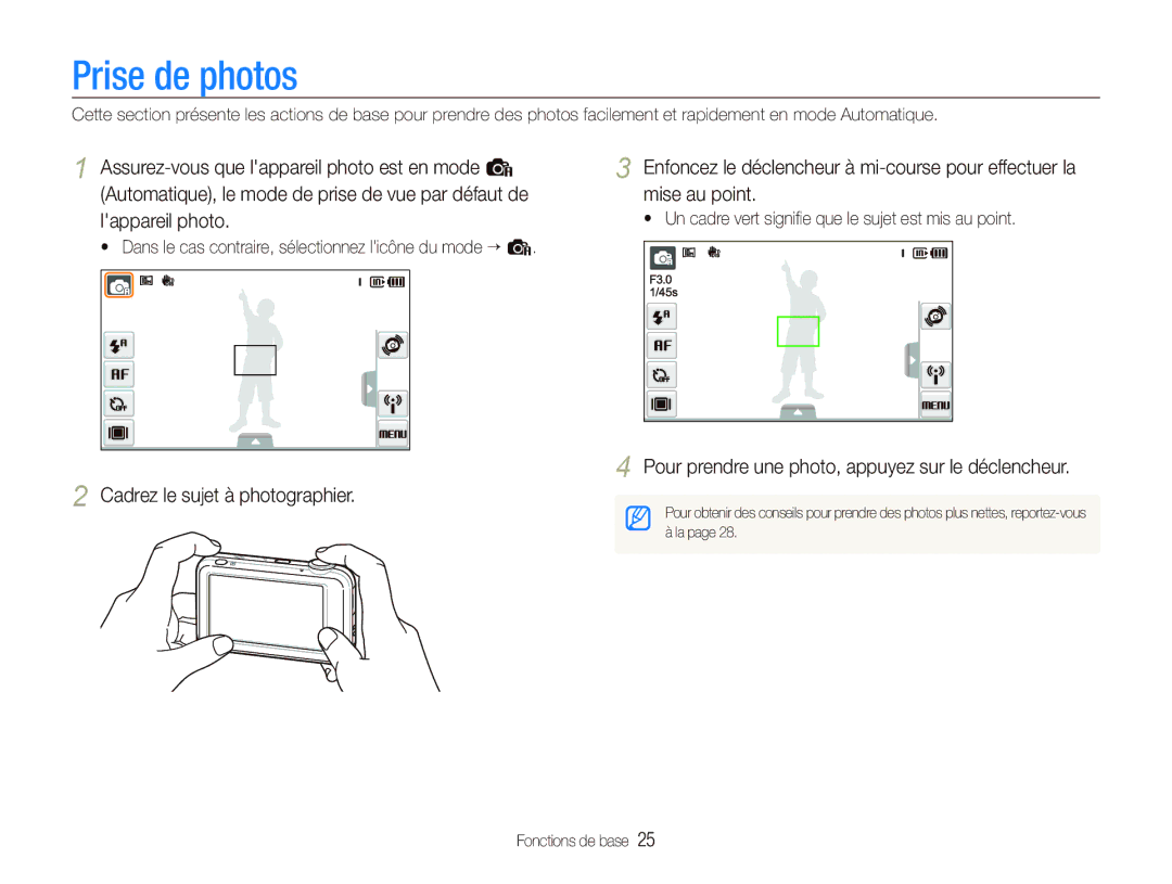 Samsung EC-ST80ZZBPUE1, EC-ST80ZZBPBE1, EC-ST80ZZBPWE1 Prise de photos, Pour prendre une photo, appuyez sur le déclencheur 