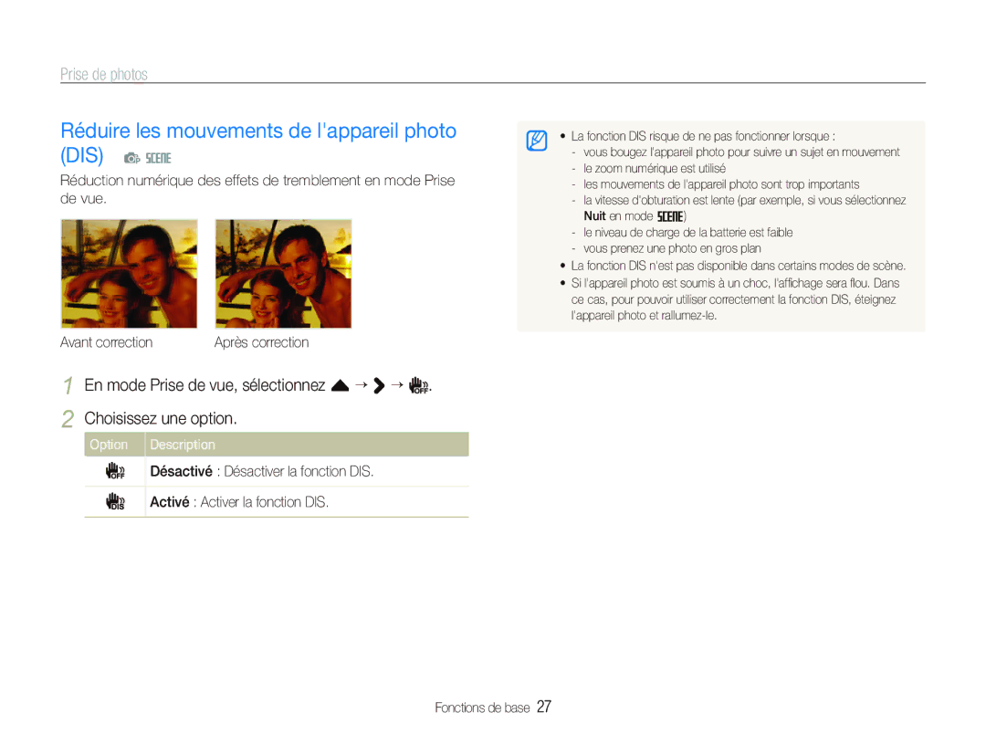 Samsung EC-ST80ZZBPWE1, EC-ST80ZZBPBE1 manual Réduire les mouvements de lappareil photo DIS p s, Option Description 