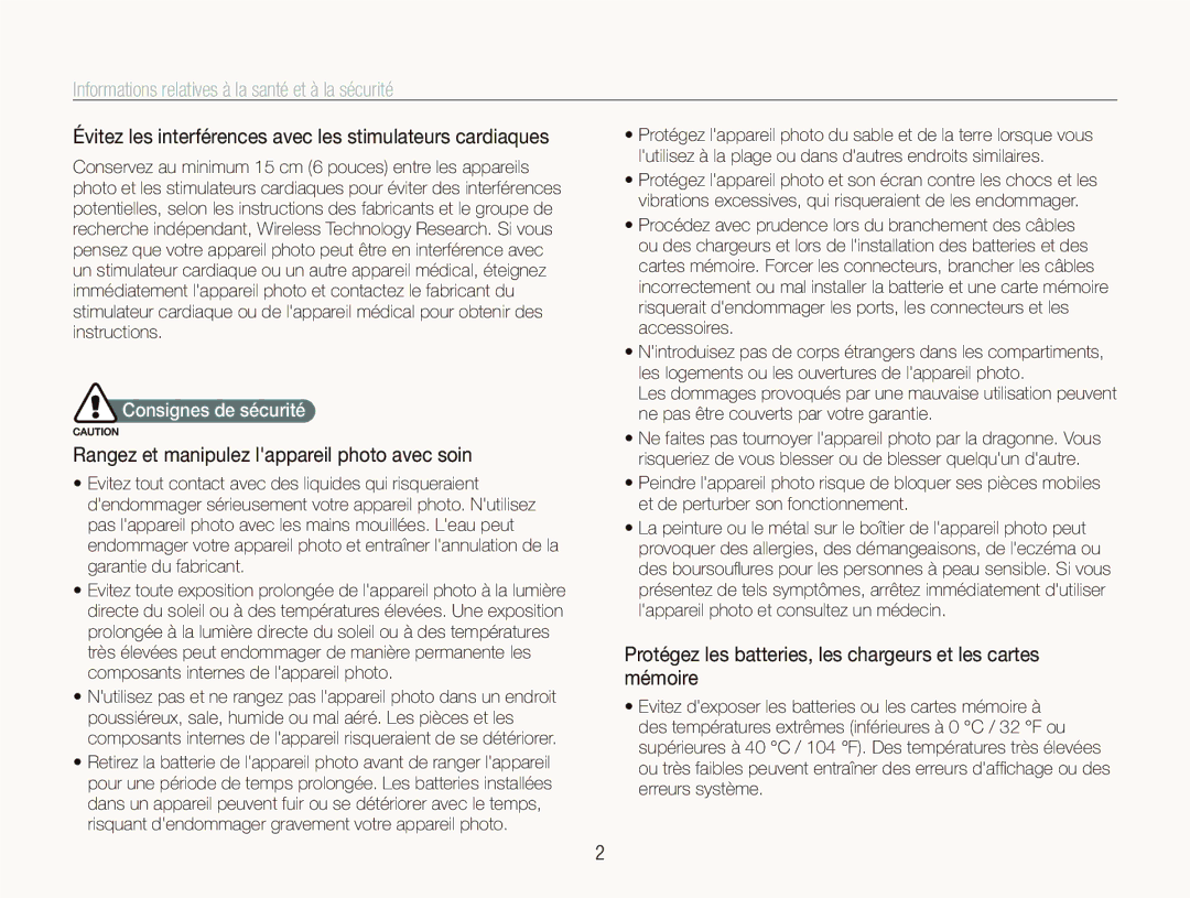 Samsung EC-ST80ZZBPBE1 Informations relatives à la santé et à la sécurité, Rangez et manipulez lappareil photo avec soin 