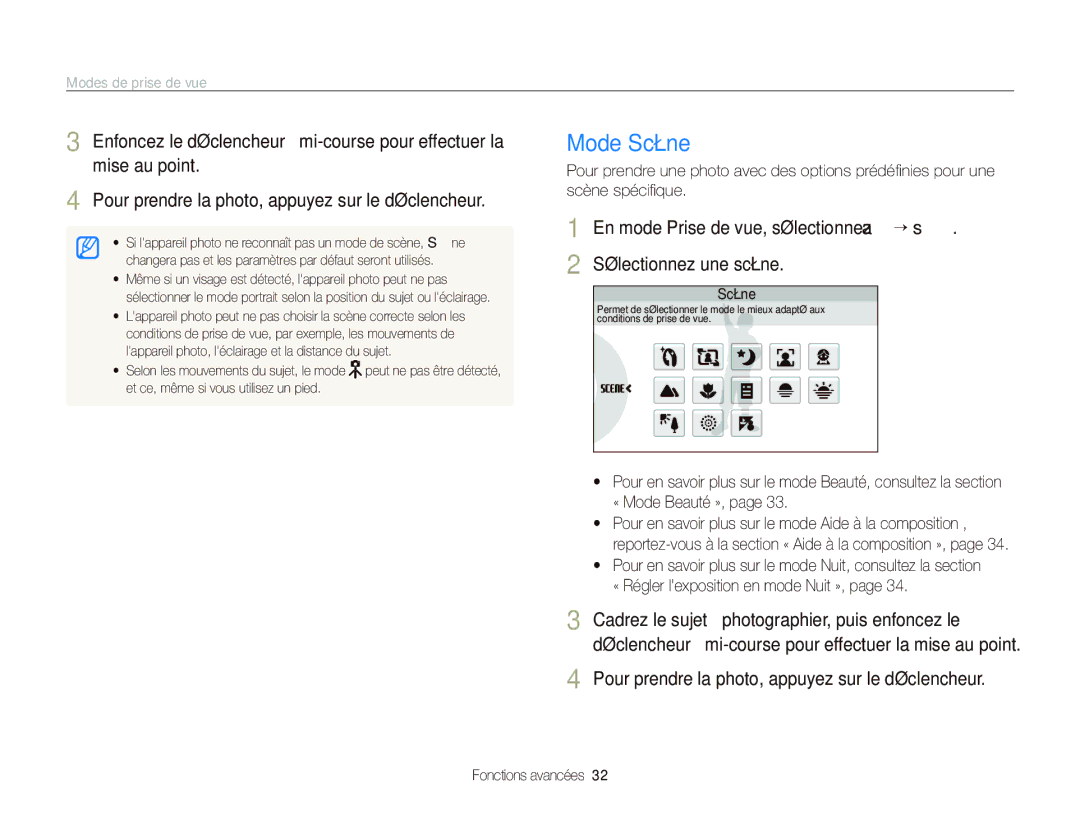Samsung EC-ST80ZZBPBE1, EC-ST80ZZBPWE1, EC-ST80ZZBPUE1 manual Mode Scène, Modes de prise de vue 