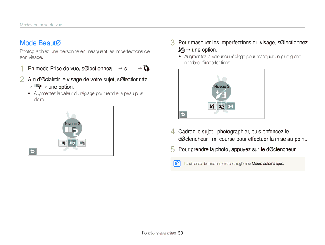 Samsung EC-ST80ZZBPWE1 manual Mode Beauté, ““ ““une option, Aﬁn déclaircir le visage de votre sujet, sélectionnez f 