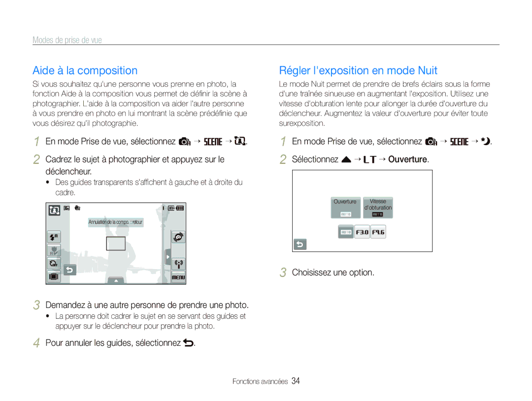 Samsung EC-ST80ZZBPUE1 manual Aide à la composition, Régler lexposition en mode Nuit, Pour annuler les guides, sélectionnez 