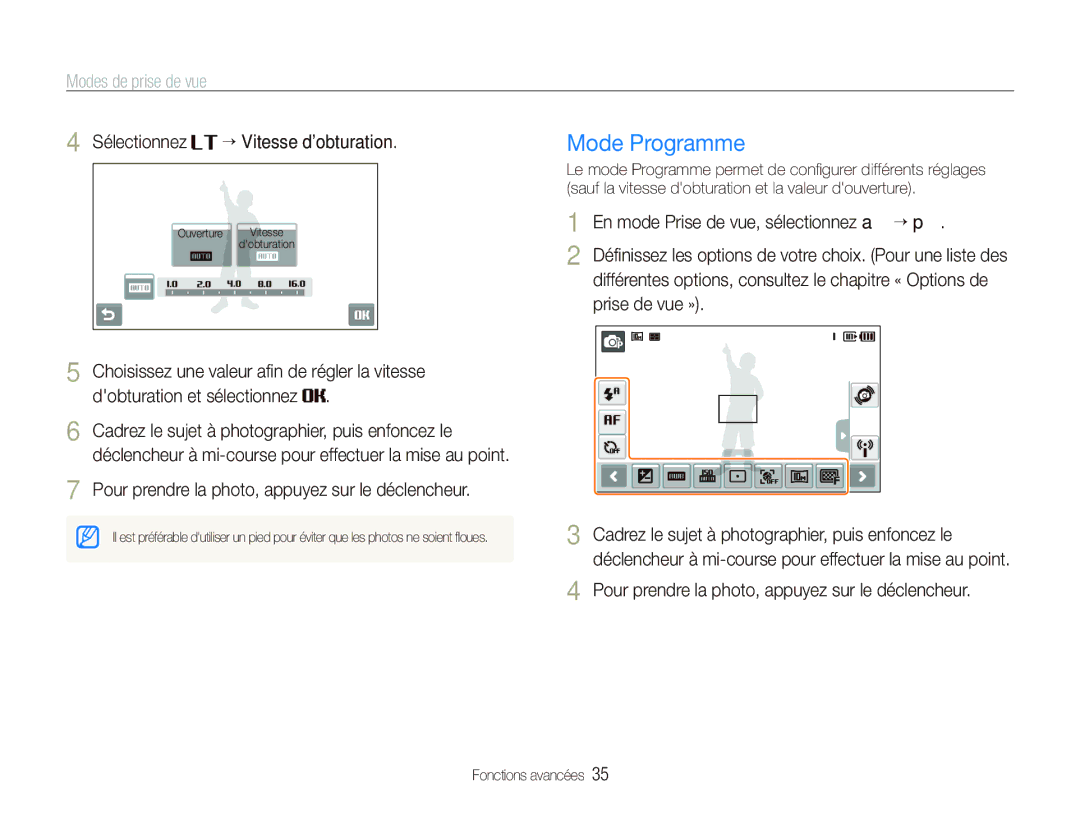 Samsung EC-ST80ZZBPBE1, EC-ST80ZZBPWE1, EC-ST80ZZBPUE1 manual Mode Programme, Sélectionnez ““Vitesse dobturation 