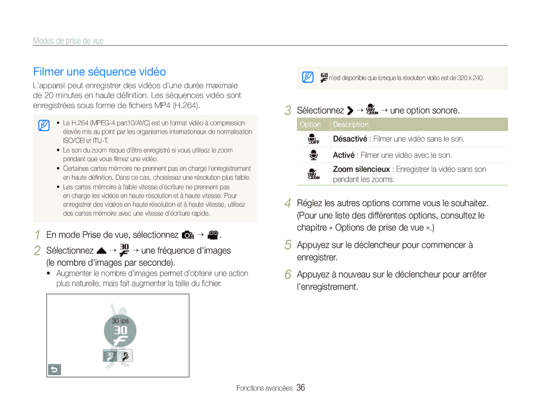 Samsung EC-ST80ZZBPWE1, EC-ST80ZZBPBE1, EC-ST80ZZBPUE1 manual Filmer une séquence vidéo, Sélectionnez ““ ““une option sonore 