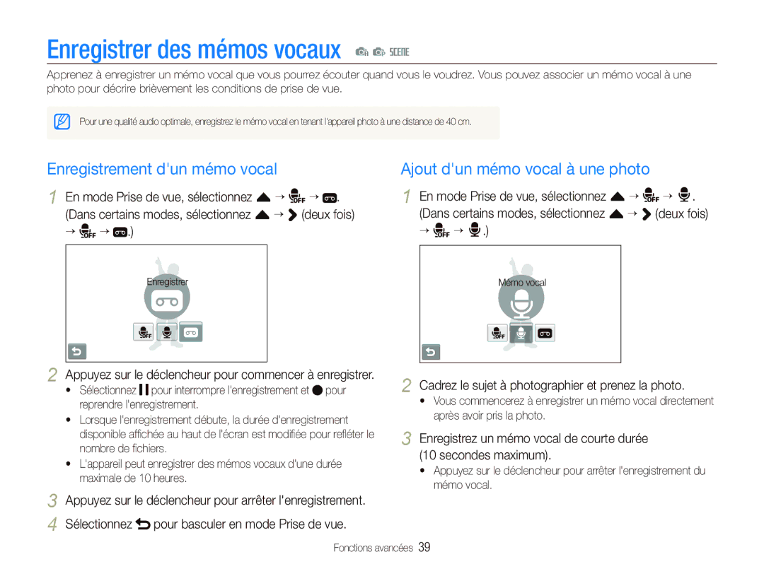 Samsung EC-ST80ZZBPWE1 Enregistrer des mémos vocaux a p s, Enregistrez un mémo vocal de courte durée Secondes maximum 