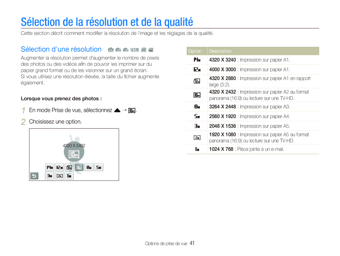 Samsung EC-ST80ZZBPBE1, EC-ST80ZZBPWE1 Sélection de la résolution et de la qualité, Sélection dune résolution S a p s D 