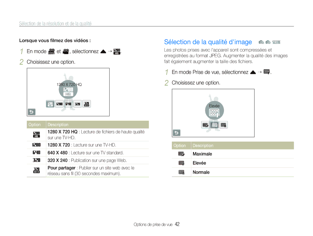 Samsung EC-ST80ZZBPWE1 manual Sélection de la qualité dimage a p s, Sélection de la résolution et de la qualité, Option 