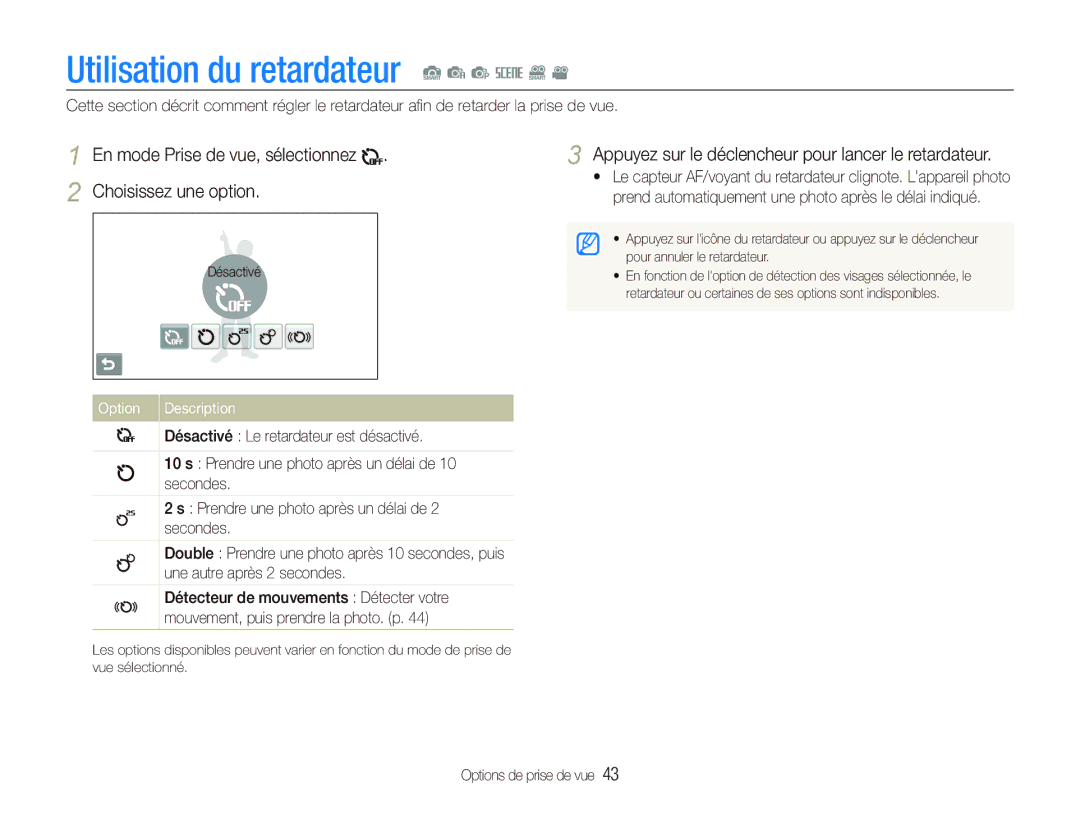 Samsung EC-ST80ZZBPUE1 manual Utilisation du retardateur S a p s D, Appuyez sur le déclencheur pour lancer le retardateur 