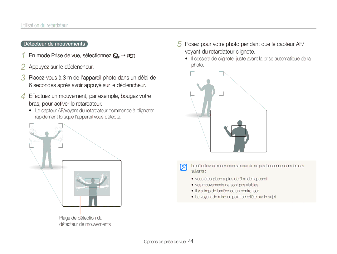 Samsung EC-ST80ZZBPBE1, EC-ST80ZZBPWE1 Utilisation du retardateur, Appuyez sur le déclencheur, Détecteur de mouvements 