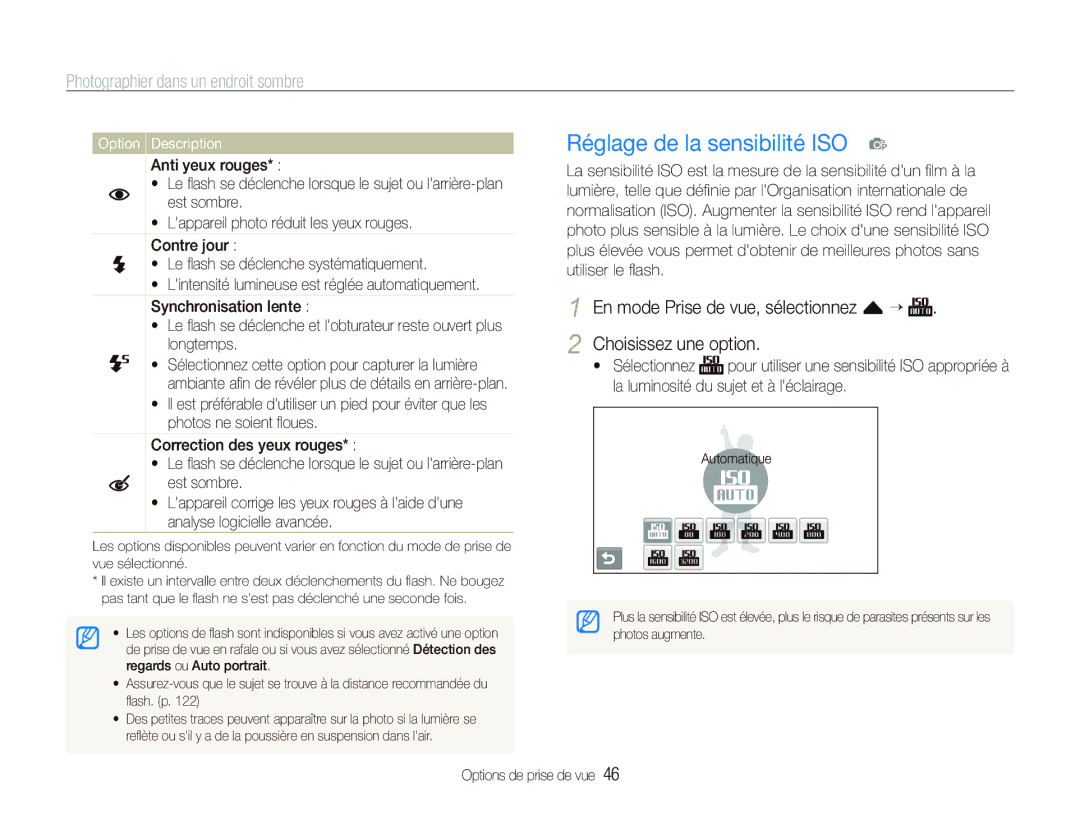 Samsung EC-ST80ZZBPUE1, EC-ST80ZZBPBE1 manual Réglage de la sensibilité ISO p, Photographier dans un endroit sombre 