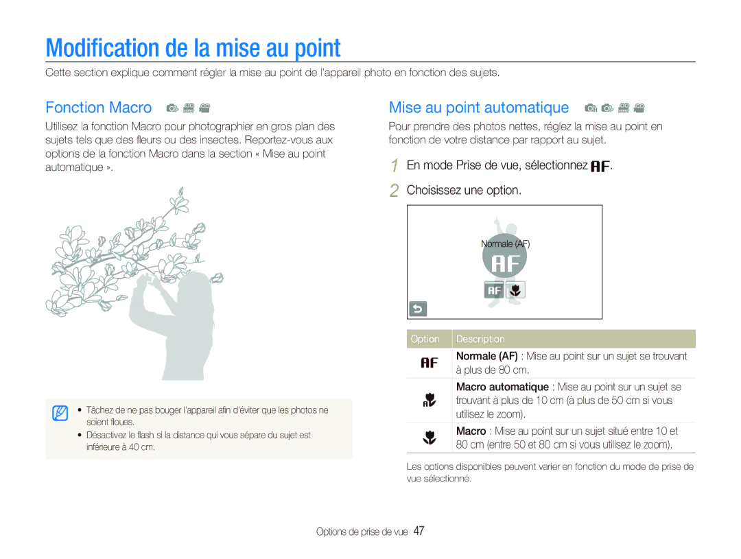 Samsung EC-ST80ZZBPBE1 manual Modiﬁcation de la mise au point, Fonction Macro p D, Mise au point automatique a p D 