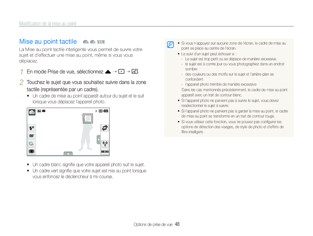 Samsung EC-ST80ZZBPWE1 Mise au point tactile a p s, Modiﬁcation de la mise au point, Tactile représentée par un cadre 