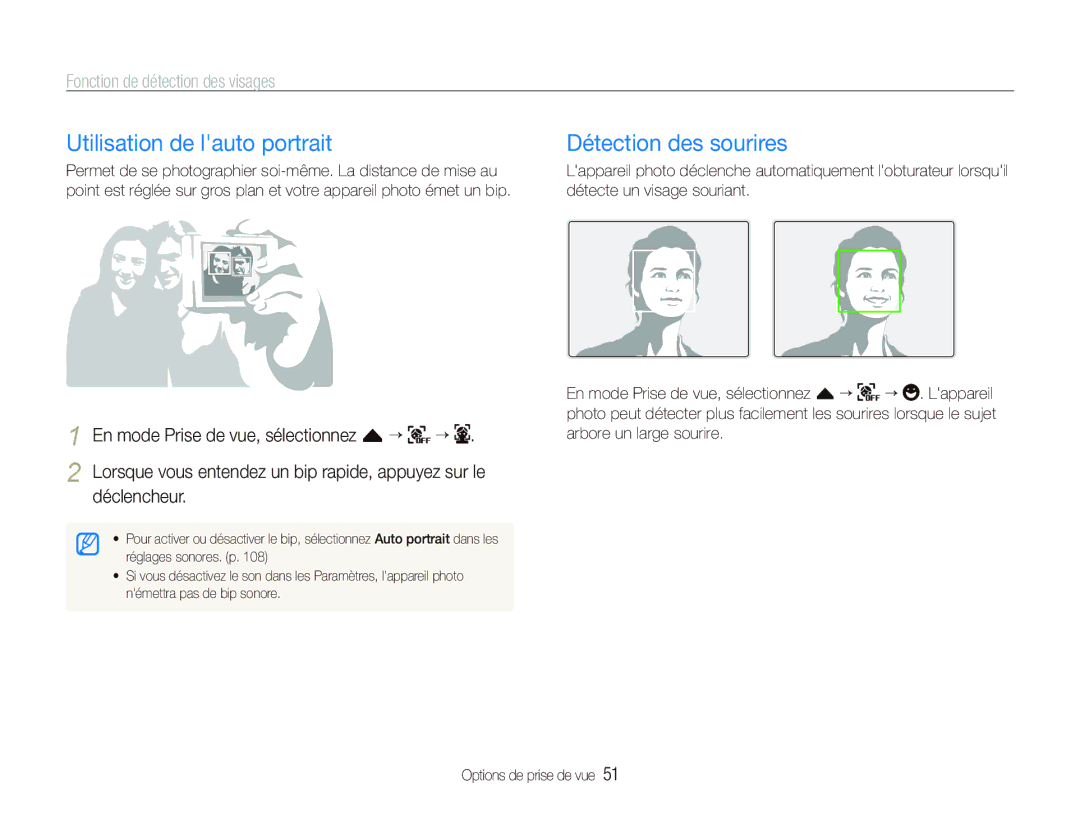 Samsung EC-ST80ZZBPWE1 manual Utilisation de lauto portrait, Détection des sourires, Fonction de détection des visages 