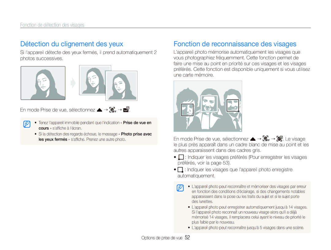 Samsung EC-ST80ZZBPUE1, EC-ST80ZZBPBE1 manual Détection du clignement des yeux, Fonction de reconnaissance des visages 