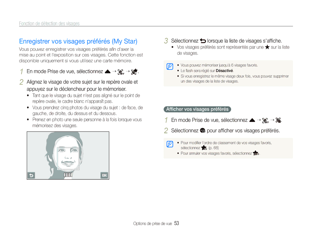 Samsung EC-ST80ZZBPBE1 manual Enregistrer vos visages préférés My Star, Sélectionnez lorsque la liste de visages safﬁche 