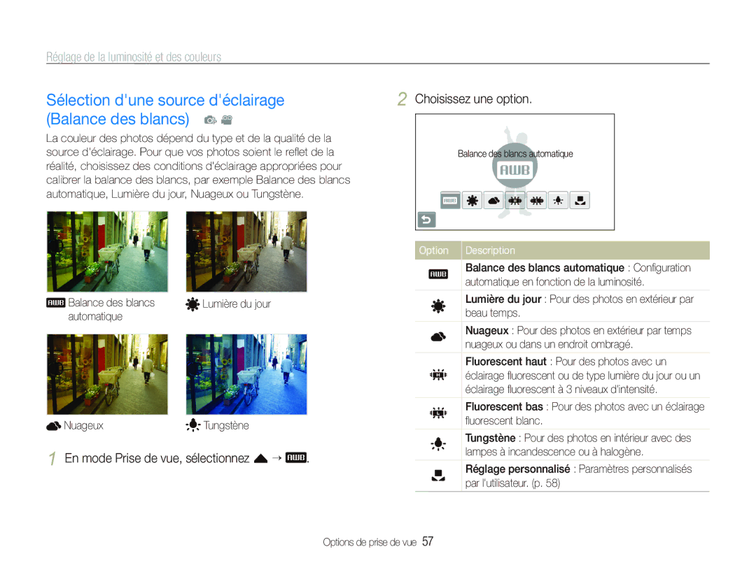 Samsung EC-ST80ZZBPWE1, EC-ST80ZZBPBE1, EC-ST80ZZBPUE1 manual Sélection dune source déclairage Balance des blancs p 