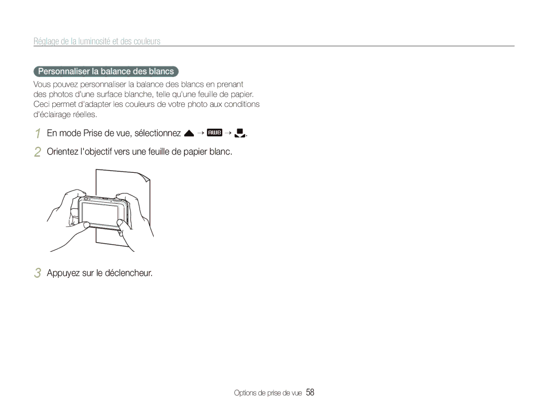Samsung EC-ST80ZZBPUE1, EC-ST80ZZBPBE1, EC-ST80ZZBPWE1 manual Appuyez sur le déclencheur, Personnaliser la balance des blancs 
