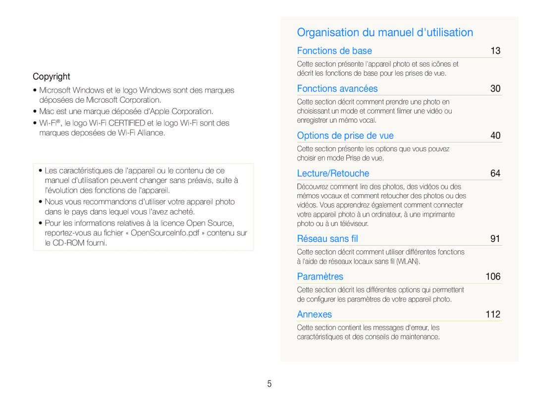 Samsung EC-ST80ZZBPBE1, EC-ST80ZZBPWE1, EC-ST80ZZBPUE1 manual Organisation du manuel dutilisation, Copyright, 106, 112 