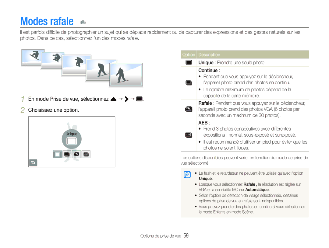 Samsung EC-ST80ZZBPBE1, EC-ST80ZZBPWE1, EC-ST80ZZBPUE1 manual Modes rafale p, Unique Prendre une seule photo Continue 
