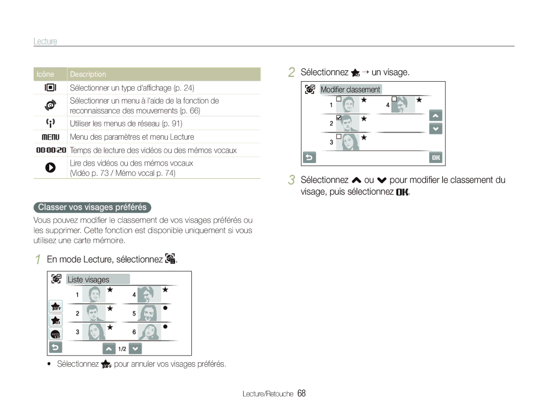 Samsung EC-ST80ZZBPBE1, EC-ST80ZZBPWE1, EC-ST80ZZBPUE1 manual Sélectionnez “ un visage, Classer vos visages préférés 