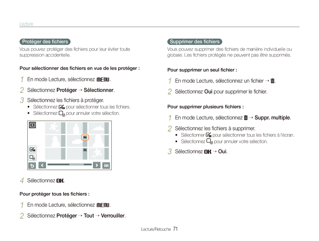 Samsung EC-ST80ZZBPBE1 Sélectionnez “ Oui, Protéger des ﬁchiers, Supprimer des ﬁchiers, Pour supprimer un seul ﬁchier 