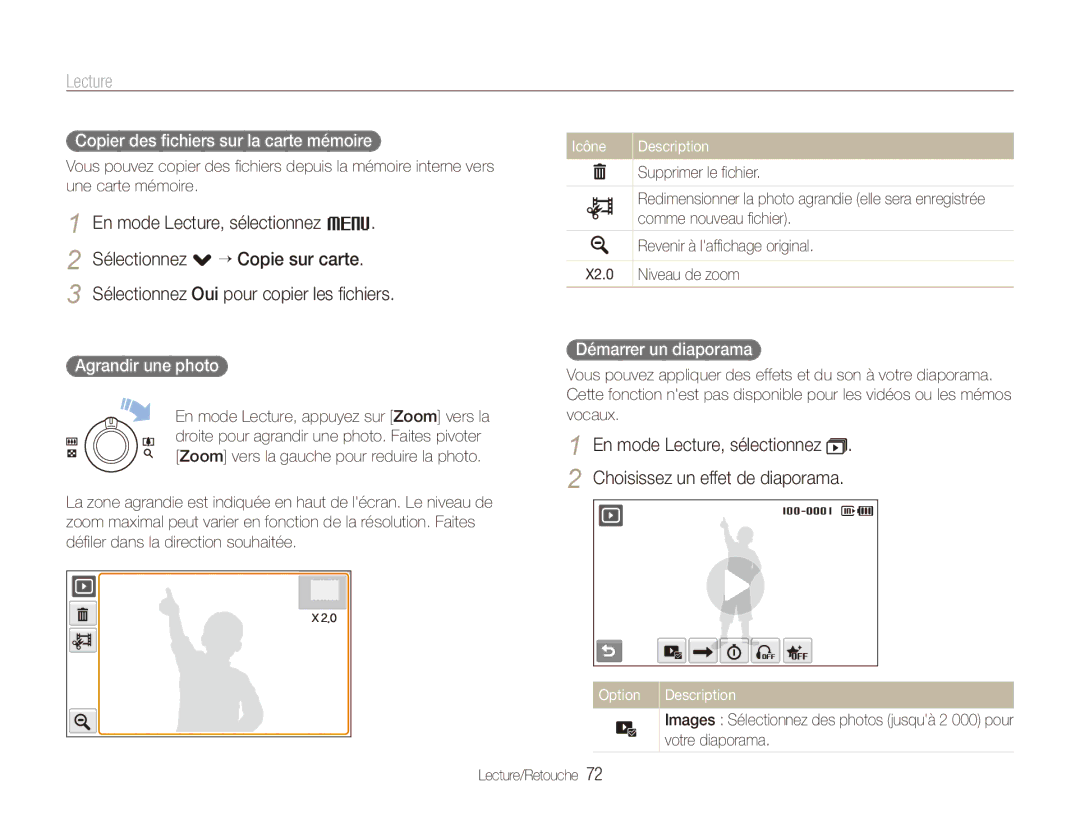 Samsung EC-ST80ZZBPWE1 manual Sélectionnez .→ Copie sur carte, Copier des fichiers sur la carte mémoire, Agrandir une photo 