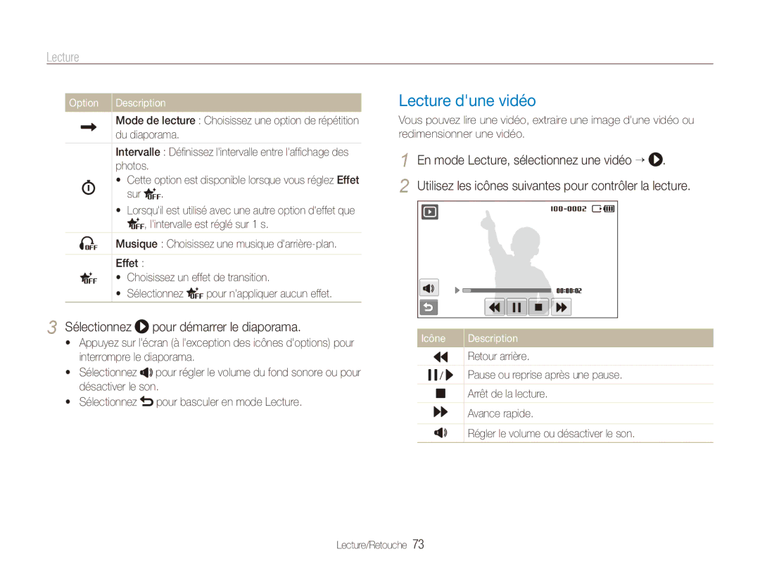 Samsung EC-ST80ZZBPUE1, EC-ST80ZZBPBE1 manual Lecture dune vidéo, Sélectionnez pour démarrer le diaporama, Retour arrière 