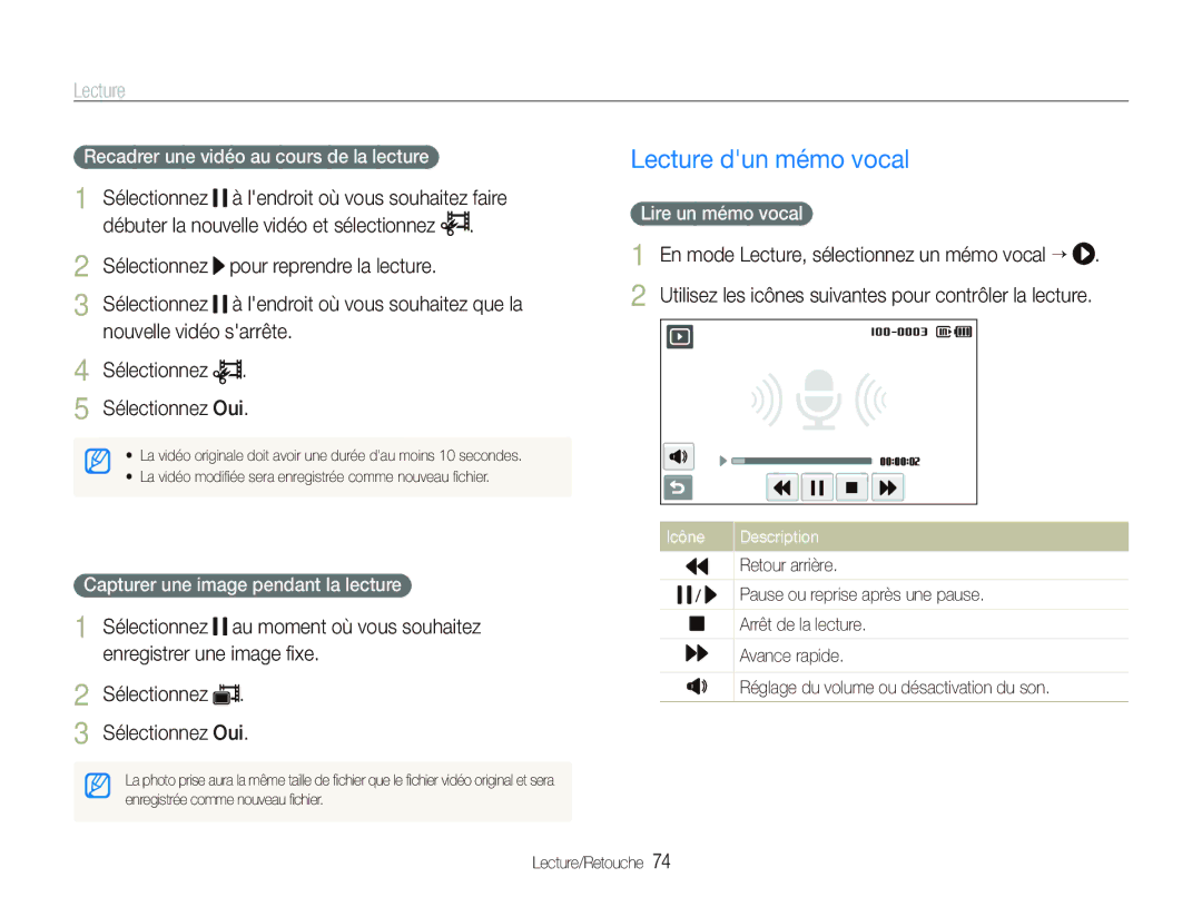 Samsung EC-ST80ZZBPBE1 manual Lecture dun mémo vocal, Sélectionnez Pour reprendre la lecture, Nouvelle vidéo sarrête 