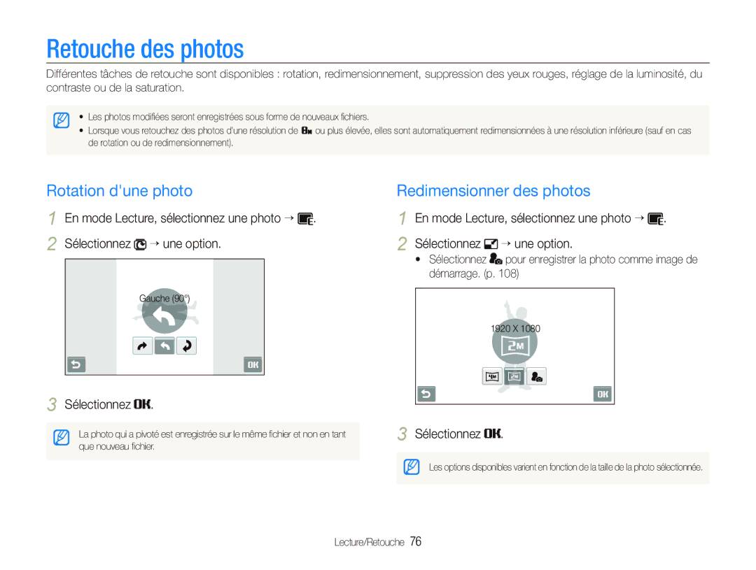 Samsung EC-ST80ZZBPUE1, EC-ST80ZZBPBE1, EC-ST80ZZBPWE1 Retouche des photos, Rotation dune photo Redimensionner des photos 