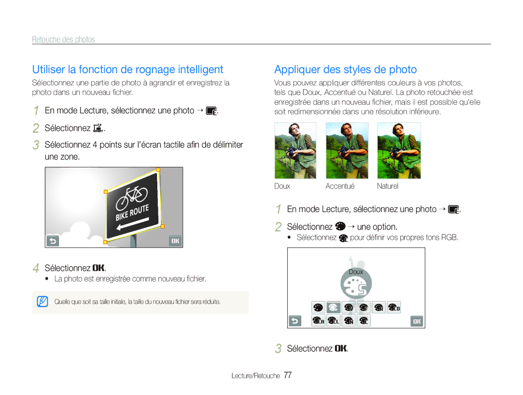 Samsung EC-ST80ZZBPBE1 Utiliser la fonction de rognage intelligent, Appliquer des styles de photo, Retouche des photos 