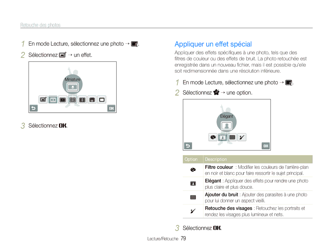 Samsung EC-ST80ZZBPUE1, EC-ST80ZZBPBE1, EC-ST80ZZBPWE1 manual Appliquer un effet spécial, Option Description 