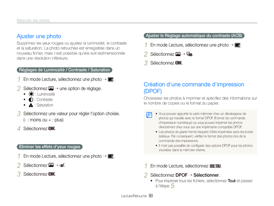 Samsung EC-ST80ZZBPBE1 manual Ajuster une photo, Création dune commande dimpression Dpof, Éliminer les effets dyeux rouges 