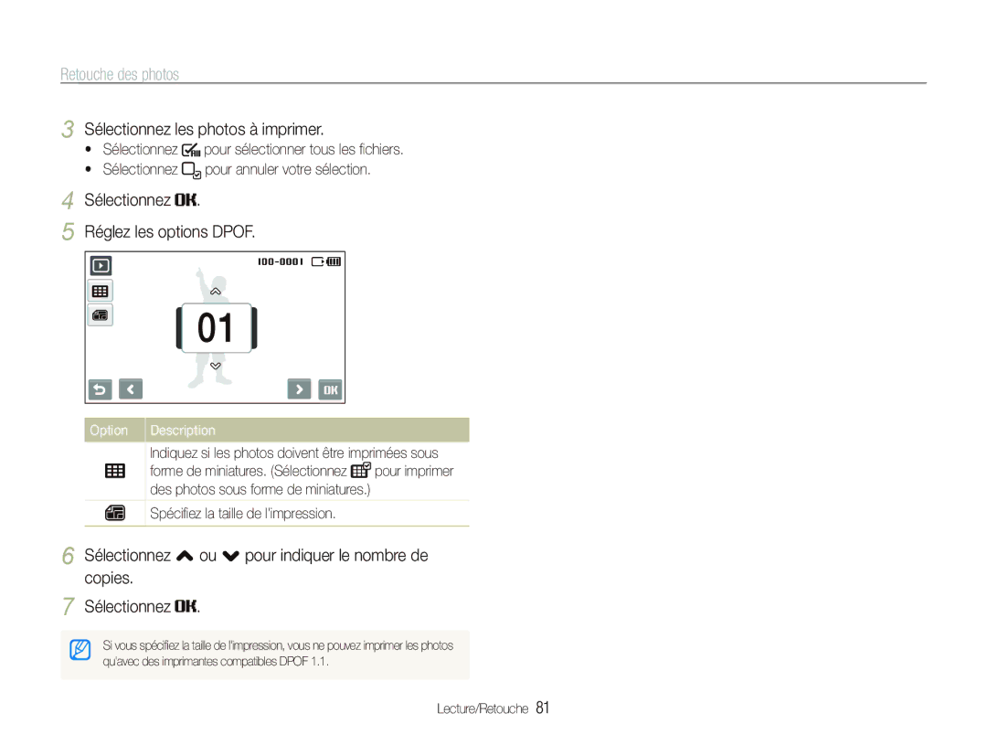 Samsung EC-ST80ZZBPWE1, EC-ST80ZZBPBE1 manual Sélectionnez les photos à imprimer, Sélectionnez Réglez les options Dpof 