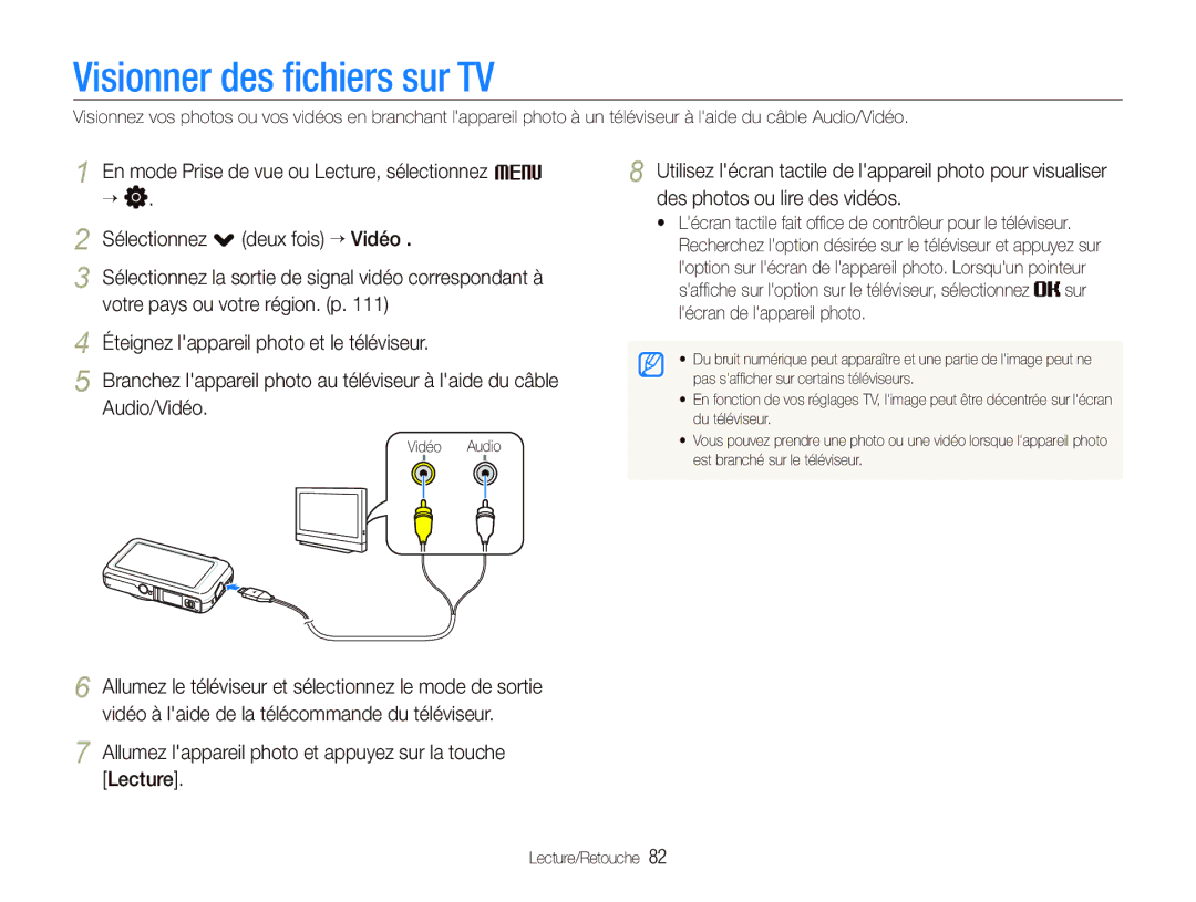 Samsung EC-ST80ZZBPUE1 manual Visionner des ﬁchiers sur TV, Allumez lappareil photo et appuyez sur la touche Lecture 