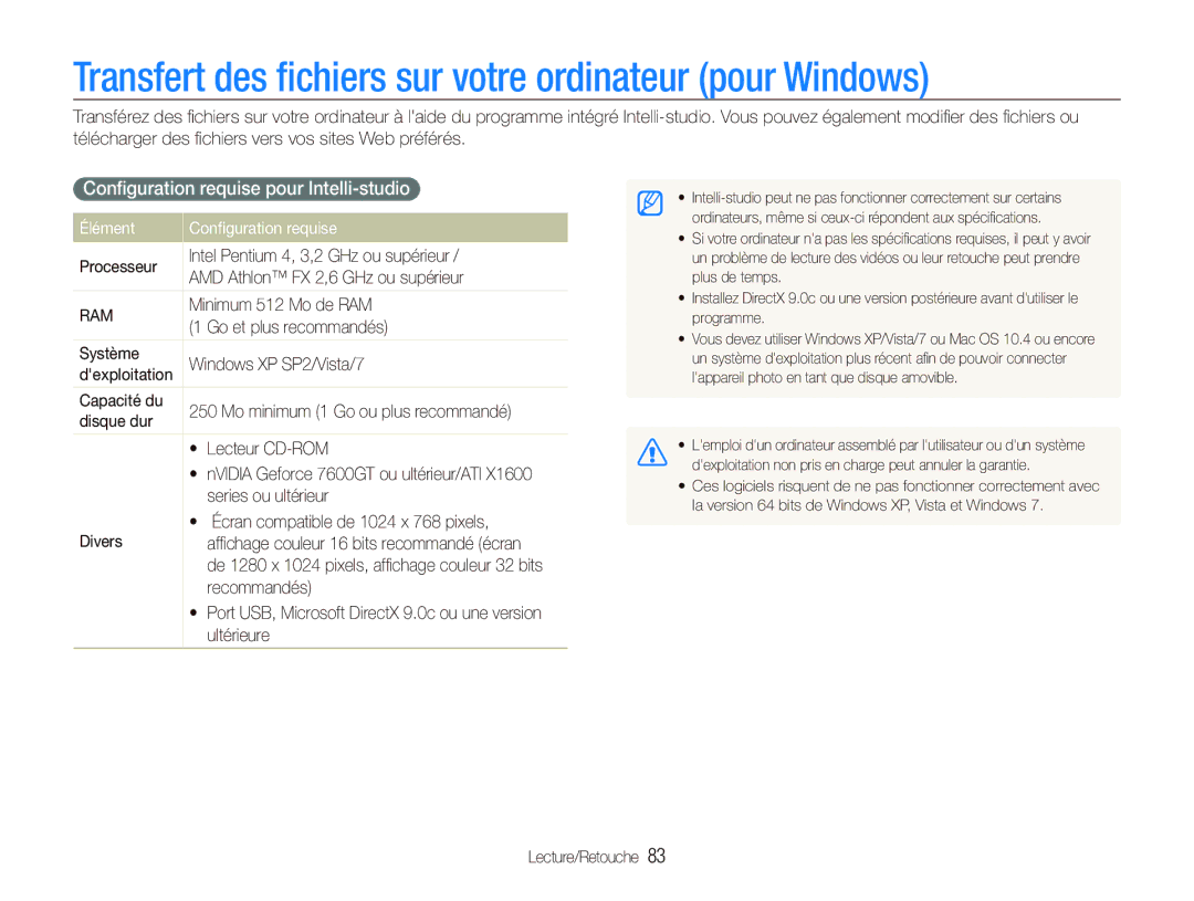 Samsung EC-ST80ZZBPBE1 Transfert des ﬁchiers sur votre ordinateur pour Windows, Conﬁguration requise pour Intelli-studio 