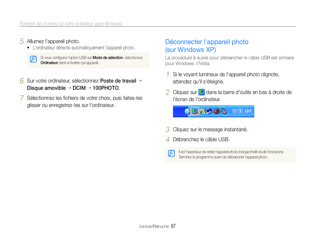 Samsung EC-ST80ZZBPWE1, EC-ST80ZZBPBE1, EC-ST80ZZBPUE1 Déconnecter lappareil photo sur Windows XP, Allumez lappareil photo 