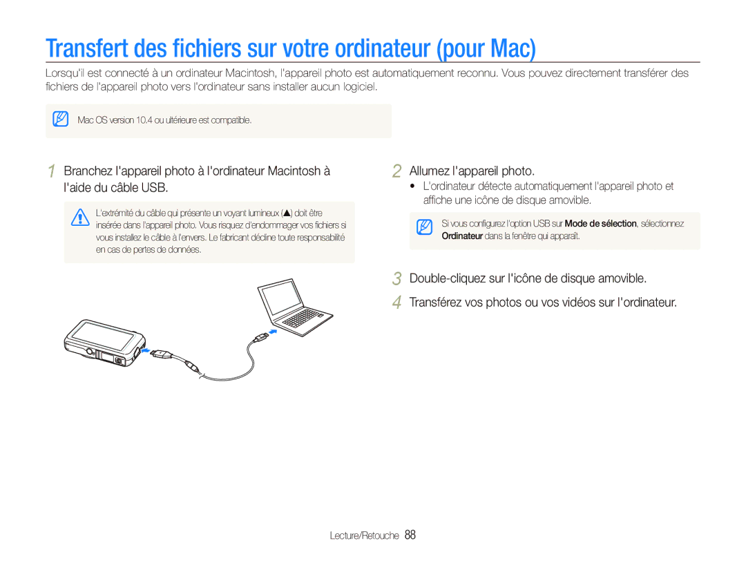 Samsung EC-ST80ZZBPUE1, EC-ST80ZZBPBE1, EC-ST80ZZBPWE1 manual Transfert des ﬁchiers sur votre ordinateur pour Mac 