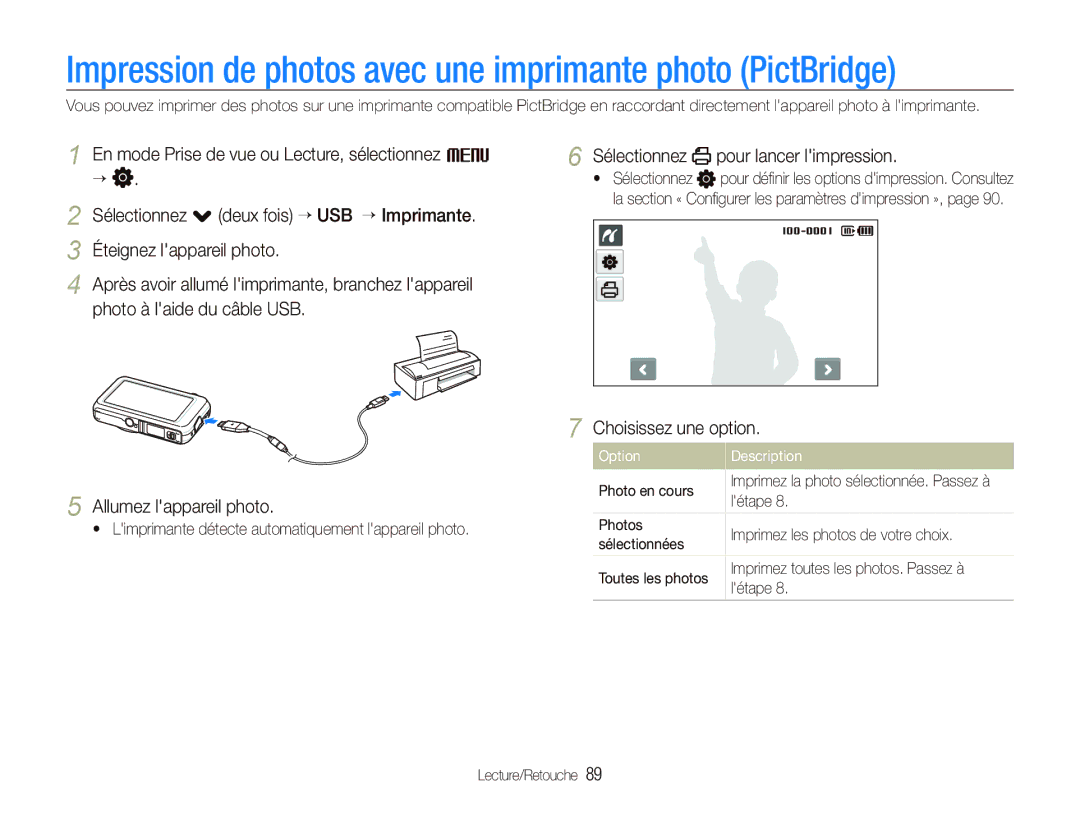 Samsung EC-ST80ZZBPBE1 Impression de photos avec une imprimante photo PictBridge, Sélectionnez pour lancer limpression 