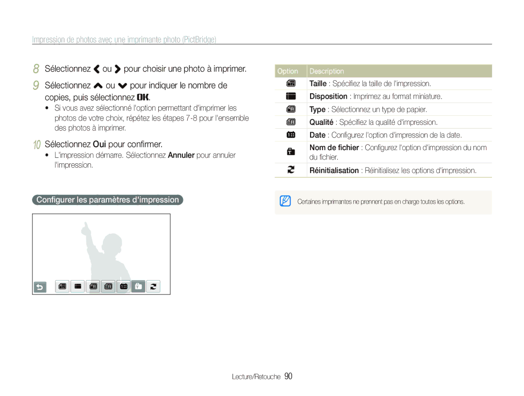 Samsung EC-ST80ZZBPWE1 manual Impression de photos avec une imprimante photo PictBridge, 10 Sélectionnez Oui pour conﬁrmer 