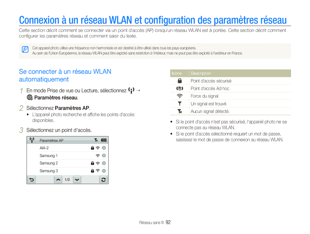 Samsung EC-ST80ZZBPBE1, EC-ST80ZZBPWE1 manual Se connecter à un réseau Wlan automatiquement, Sélectionnez un point daccès 