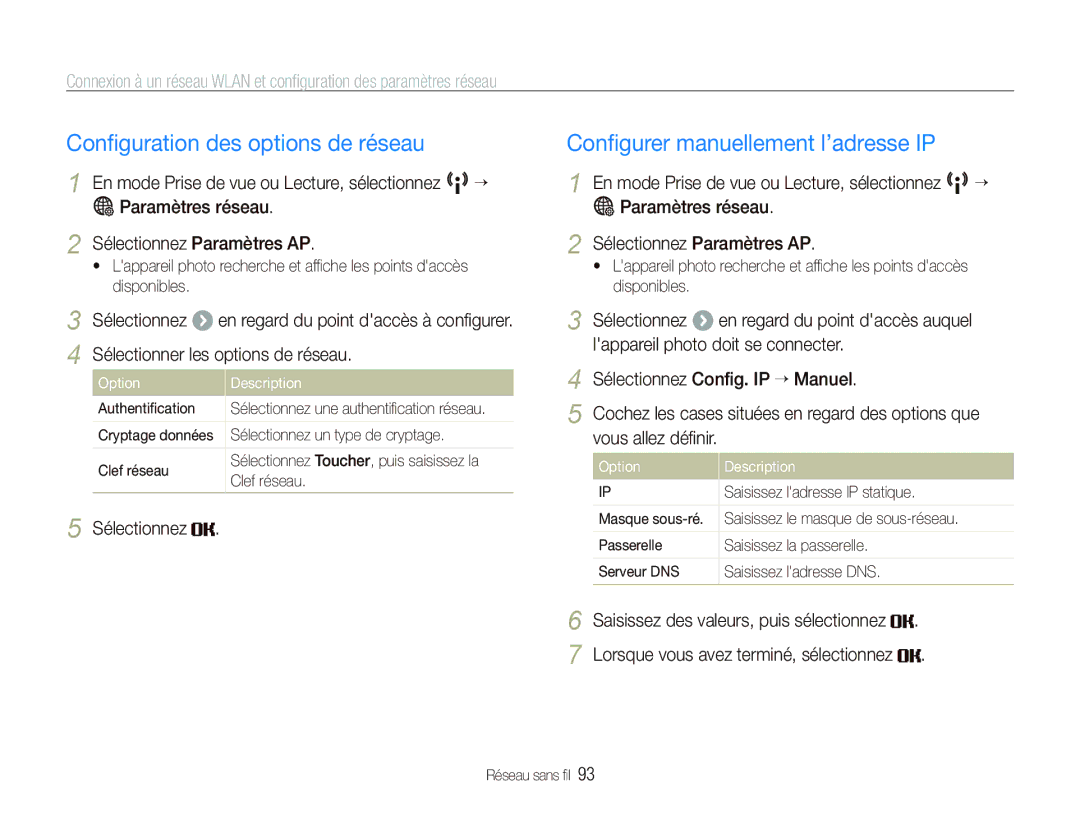 Samsung EC-ST80ZZBPWE1, EC-ST80ZZBPBE1 manual Conﬁguration des options de réseau, Conﬁgurer manuellement l’adresse IP 